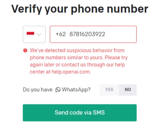 openai验证手机报错We've detected suspicious behavior from phone numbers similar to yours.