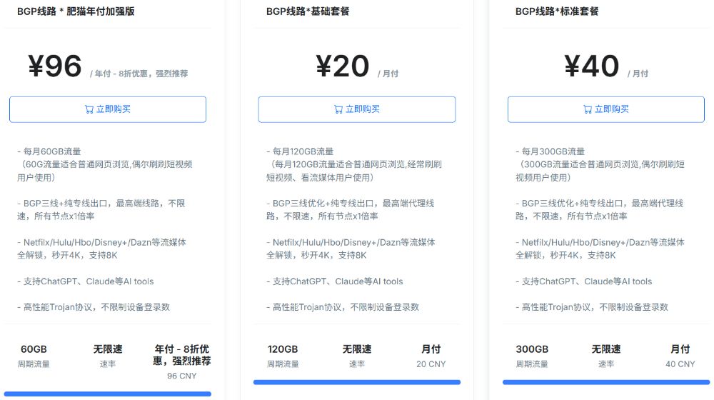 FATCAT 肥猫云机场套餐价格