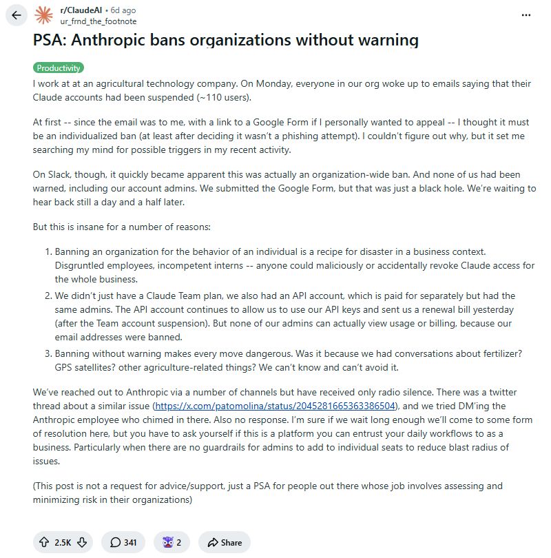 Anthropic封杀110人公司却仍扣费：AI依赖背后的企业风险与警示